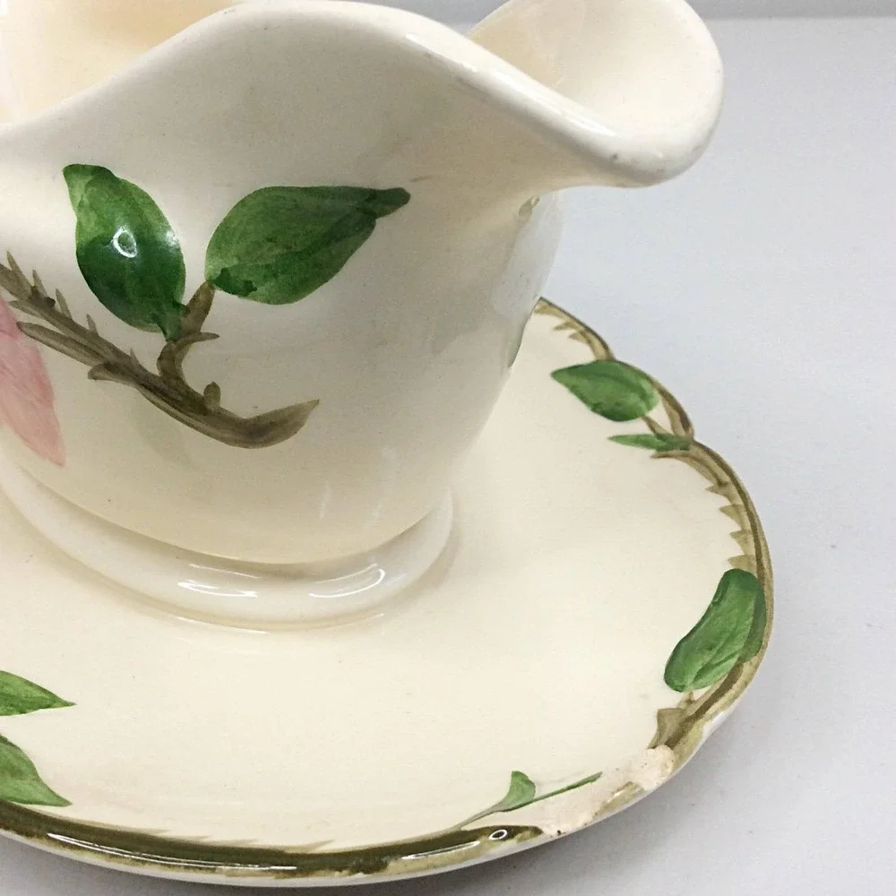 VTG Franciscan Desert Rose Double Spout Gravy Boat Attached Plate USA Pottery 40